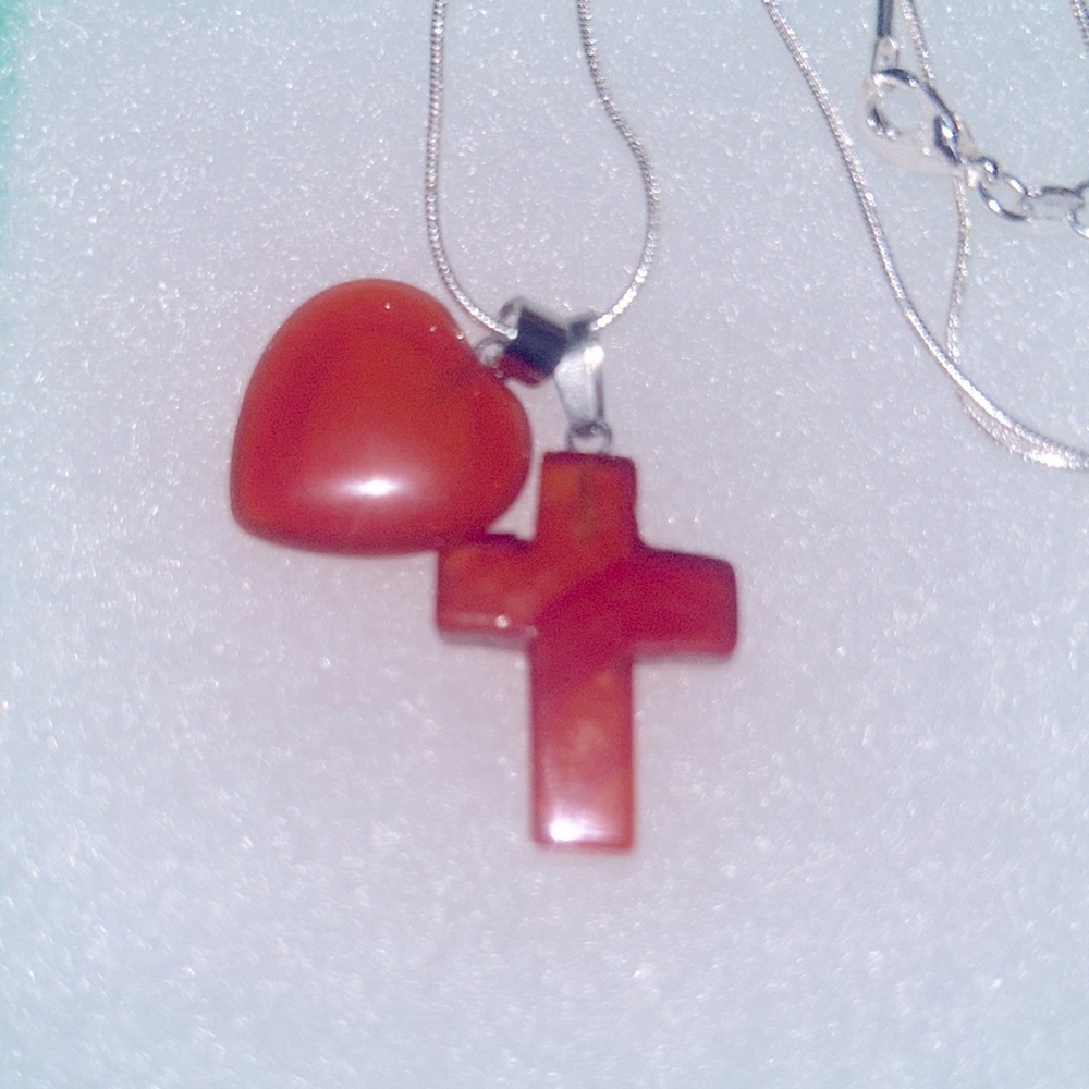 Boho Carnelian Agate Cross and Heart Sterling Silver 16” Necklace